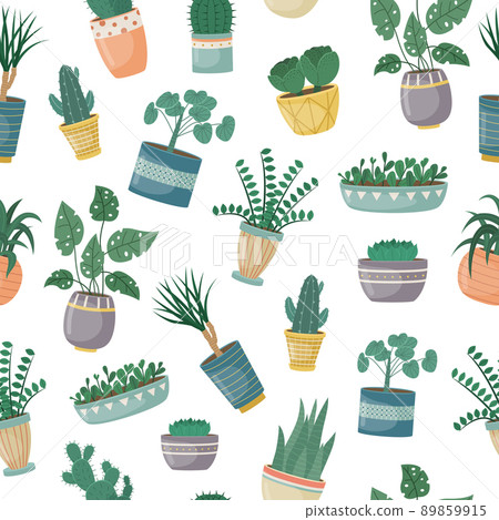 The seamless pattern with house plants in pots.... - Stock Illustration ...