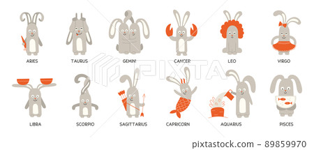 Set of cute funny zodiac rabbits. Twelve zodiac... - Stock Illustration ...