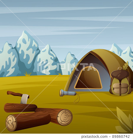 Camping landscape, tent with a backpack and a flashlight, firewood with an axe, meadow and mountains Camping landscape, tent with a backpack and a flashlight, firewood with an axe, meadow and mountains 89860742