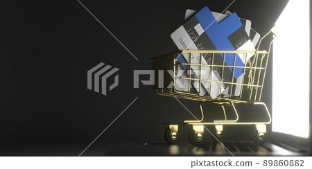 Shopping cart full of credit cards mockups with flags of Estonia on the computer. Conceptual 3D rendering Shopping cart full of credit cards mockups with flags of Estonia on the computer. Conceptual 3D rendering 89860882