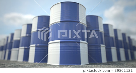 Barrels or oil drums with flag of Finland. Petroleum or chemical industry related 3D rendering 89861121