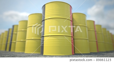 Barrels or oil drums with flag of Belgium. Petroleum or chemical industry related 3D rendering Barrels or oil drums with flag of Belgium. Petroleum or chemical industry related 3D rendering 89861123