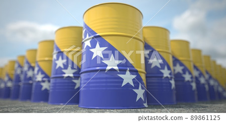 Many barrels with flag of Bosnia. Oil or chemical industry supply related 3D rendering Many barrels with flag of Bosnia. Oil or chemical industry supply related 3D rendering 89861125