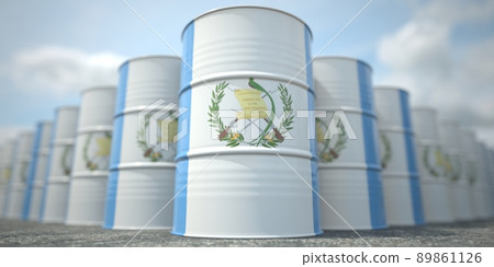 Many barrels with flag of Guatemala. Oil or chemical industry supply related 3D rendering Many barrels with flag of Guatemala. Oil or chemical industry supply related 3D rendering 89861126