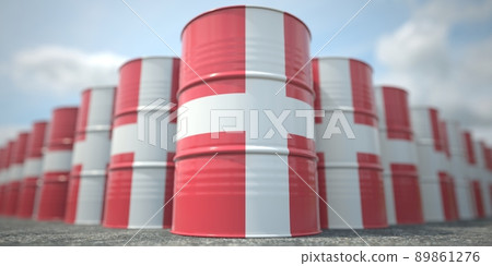 Barrels or oil drums with flag of Denmark. Petroleum or chemical industry related 3D rendering 89861276