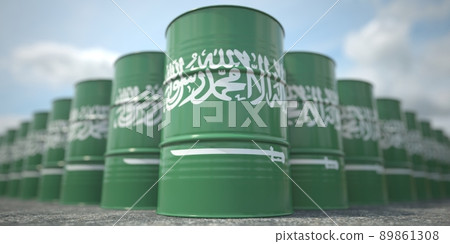 Barrels or oil drums with flag of Saudi Arabia. Petroleum or chemical industry related 3D rendering 89861308