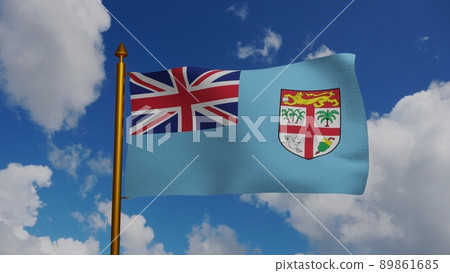 National flag of Fiji waving 3D Render with flagpole and blue sky, Republic of Fiji flag textile designed Tessa Mackenzie, coat of arms Fiji independence day National flag of Fiji waving 3D Render with flagpole and blue sky, Republic of Fiji flag textile designed Tessa Mackenzie, coat of arms Fiji independence day 89861685