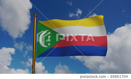 National flag of Comoros waving 3D Render with flagpole and blue sky, Union of the Comoros flag textile, Union des Comores or Udzima wa Komori, Independence day of Comoros 89861704