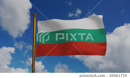National flag of Bulgaria waving 3D Render with flagpole and blue sky, zname na Balgariya or Republic of Bulgaria flag Bulgarian textile 89861734
