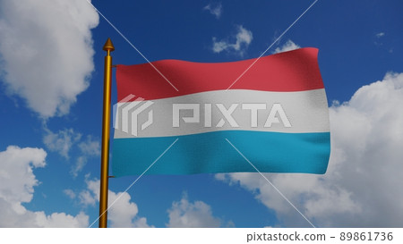 National flag of Luxembourg waving 3D Render with flagpole and blue sky, Letzebuerger Fandel or Flagge Luxemburgs or Drapeau du Luxembourg, Luxembourg flag triband textile 89861736