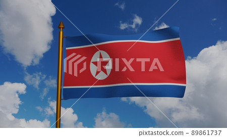 National flag of North Korea waving 3D Render with flagpole and blue sky, Ramhongsaek Konghwagukgi or Flag of the Democratic Peoples Republic of Korea, DPRK flag 89861737