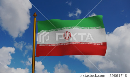 National flag of Iran waving 3D Render with flagpole and blue sky, Islamic Republic of Iran flag textile designed by Hamid Nadimi, coat of arms Iran independence day 89861748