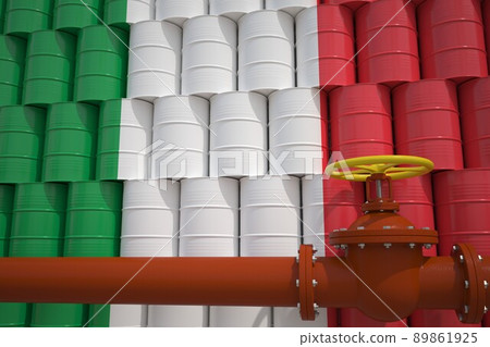 Oil pipe and barrels with painted flag of Italy. Petroleum industry related 3d rendering 89861925