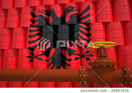 Many barrels with flag of Albania and oil pipe. 3d rendering 89861926