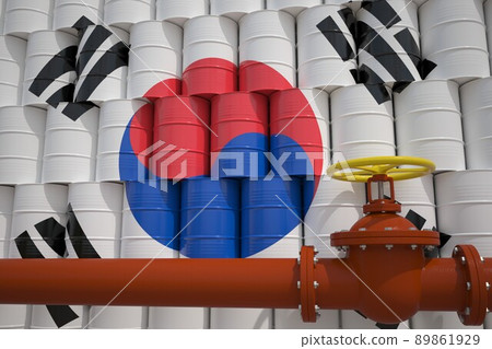 Oil pipe and barrels with painted flag of South Korea. Petroleum industry related 3d rendering 89861929