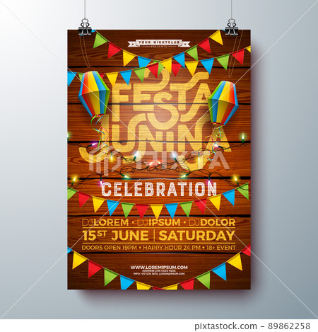 Festa Junina Party Flyer Design with Flags, Paper Lantern and Typography Lettering on Vintage Wood Background. Vector Traditional Brazil Sao Joao June Festival Illustration for Banner, Invitation or 89862258