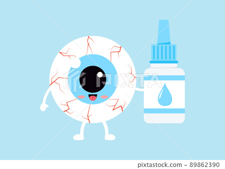 Cute tired eyeball with eye drop liquid bottle isolated on background Cute tired eyeball with eye drop liquid bottle isolated on background 89862390