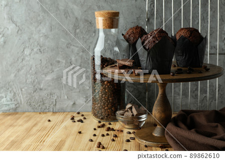 Concept of delicious food with chocolate muffins, space for text 89862610