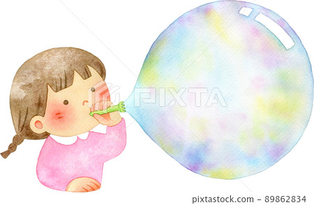 Illustration of a girl blowing a big soap bubble [frame] 89862834