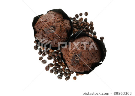 Chocolate muffins with coffee seeds isolated on white background 89863363