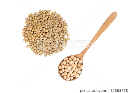 Top view soybean with wooden spoon isolated on white background, healthy food concept 89863778