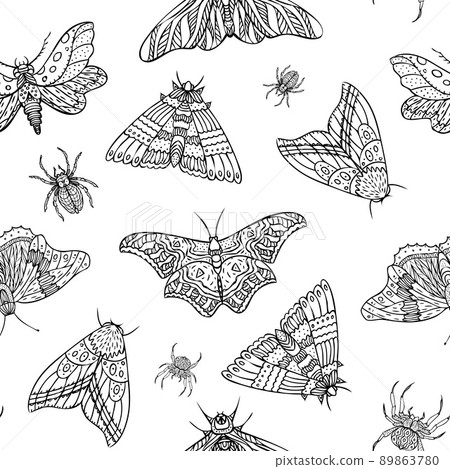 Seamless pattern of night butterflies and spiders. Hand drawn illustration 89863780