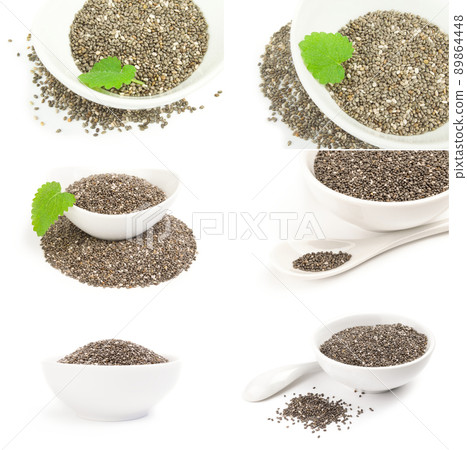 Collage of chia seeds isolated on a white background Collage of chia seeds isolated on a white background 89864448