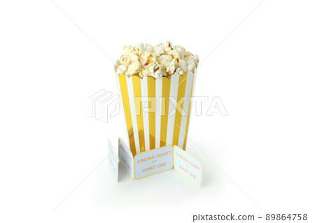 Paper box with popcorn, and tickets isolated on white background Paper box with popcorn, and tickets isolated on white background 89864758