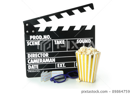 Different cinema accessories isolated on white background Different cinema accessories isolated on white background 89864759