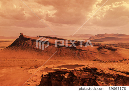 extraterrestrial landscape, mountains and hills on the red orange planet Mars, cosmic expanses fantastic unreal landscapes futuristic planet 89865178