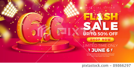 Shopping Day Flash Sale Design with 3d 6.6 Number on Podium and Falling Confetti on Red Background. Vector 6 June Special Offer Illustration for Coupon, Voucher, Banner, Flyer, Promotional Poster Shopping Day Flash Sale Design with 3d 6.6 Number on Podium and Falling Confetti on Red Background. Vector 6 June Special Offer Illustration for Coupon, Voucher, Banner, Flyer, Promotional Poster 89866297