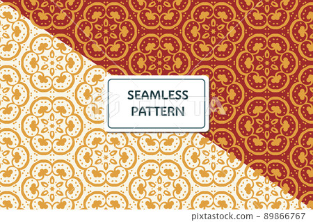 Set of Ornamental geometric seamless pattern. Vector red and yellow abstract background. Set of Ornamental geometric seamless pattern. Vector red and yellow abstract background. 89866767