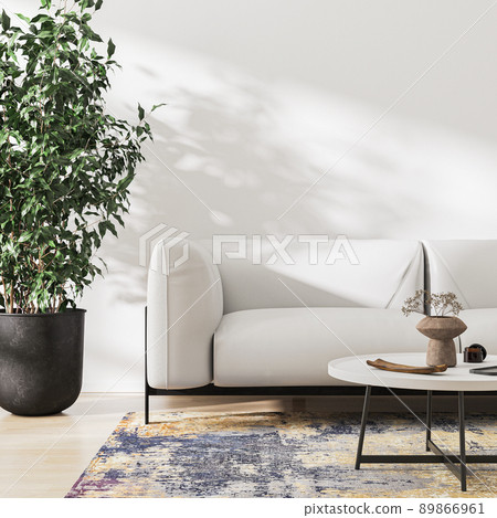 living room interior with white sofa, big green plant and leaves shadow on wall, 3d rendering living room interior with white sofa, big green plant and leaves shadow on wall, 3d rendering 89866961