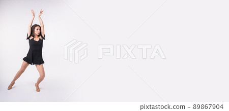 Latina dance or strip dance contemporary and bachata lady banner - Woman dancing improvisation on white background with copy space and place for text Latina dance or strip dance contemporary and bachata lady banner - Woman dancing improvisation on white background with copy space and place for text 89867904