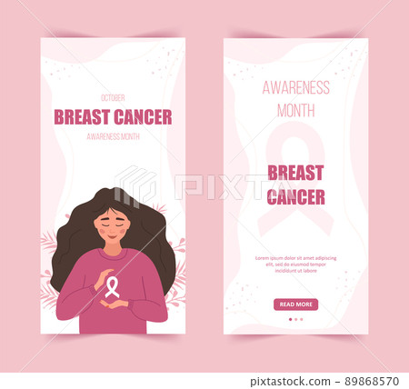 Breast cancer awareness month stories template. Happy woman with ribbon. Annual international health campaign. Social media background. Vector illustration in flat cartoon style Breast cancer awareness month stories template. Happy woman with ribbon. Annual international health campaign. Social media background. Vector illustration in flat cartoon style 89868570