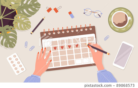 Woman period. Girl check menstruation calendar shedule. Top view. Female menstrual cycle. Vector illustration in flat cartoon style 89868573