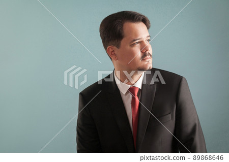 Profile portrait of professional business man. Indoor, studio shot, isolated on light blue or gray background Profile portrait of professional business man. Indoor, studio shot, isolated on light blue or gray background 89868646
