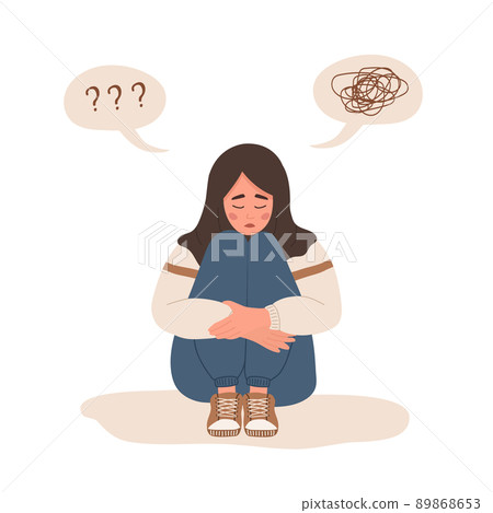 Mental health concept. Lonely muslim woman sitting on floor and hugging knees. Depressed teenager needs psychological help. Mood disorder. Vector illustration in cartoon style Mental health concept. Lonely muslim woman sitting on floor and hugging knees. Depressed teenager needs psychological help. Mood disorder. Vector illustration in cartoon style 89868653