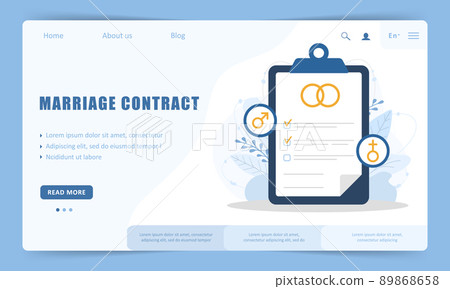 Marriage contract. Prenuptial agreement document. Couple divorce concept. Prenup wedding certificate. Vector illustration in flat cartoon style Marriage contract. Prenuptial agreement document. Couple divorce concept. Prenup wedding certificate. Vector illustration in flat cartoon style 89868658