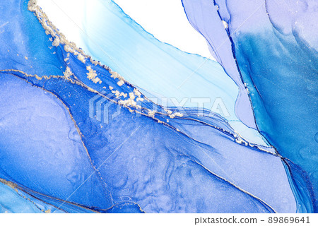 Royal violet cyan liquid marble watercolor background with gold lines. Purple teal turquoise marbled alcohol ink drawing effect. Contemporary liquid painting texture with bronze brush strokes 89869641