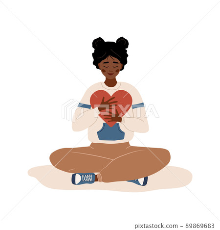 Love yourself. Self care. Mental health concept. Happy african woman hugging red heart. Smiling teenager enjoys her freedom. Vector illustration in flat cartoon style Love yourself. Self care. Mental health concept. Happy african woman hugging red heart. Smiling teenager enjoys her freedom. Vector illustration in flat cartoon style 89869683