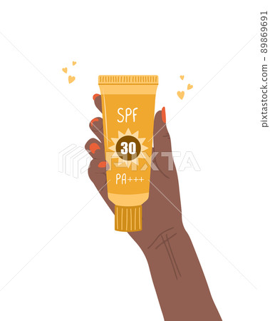 Skin care concept. African female hand holds tube of sunscreen. Facial cream with SPF. Protection for face from solar ultraviolet light. Hand drawn beauty product. Vector illustration in flat style Skin care concept. African female hand holds tube of sunscreen. Facial cream with SPF. Protection for face from solar ultraviolet light. Hand drawn beauty product. Vector illustration in flat style 89869691