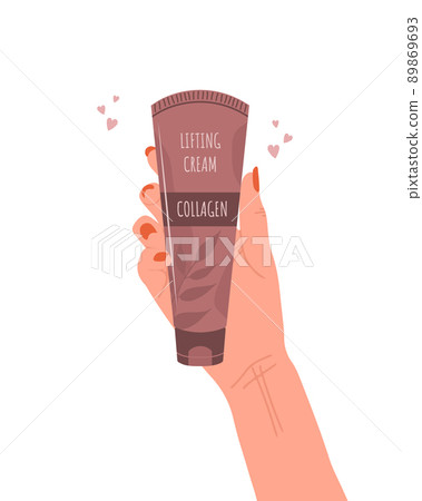 Skin care concept. Female hand holds tube of lifting cream with collagen. Morning routine. Face moisturizer. Hand drawn beauty product. Vector illustration in flat cartoon style Skin care concept. Female hand holds tube of lifting cream with collagen. Morning routine. Face moisturizer. Hand drawn beauty product. Vector illustration in flat cartoon style 89869693