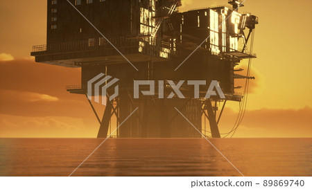old oil platform during sunset in ocean 89869740