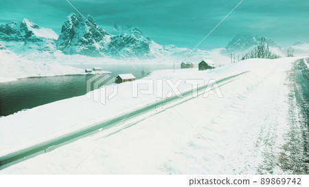 traditional Norwegian wooden houses under the fresh snow 89869742