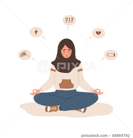 Mood disorder. Sad islamic woman sitting in lotus position. Mental health. Symptoms of schizophrenia or psychological diseases. Unhappy girl needs psychological help. Cartoon vector illustration 89869792