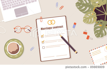Marriage contract. Prenuptial agreement document. Couple divorce concept. Prenup wedding certificate. Top-down view. Vector illustration in flat cartoon style Marriage contract. Prenuptial agreement document. Couple divorce concept. Prenup wedding certificate. Top-down view. Vector illustration in flat cartoon style 89869809