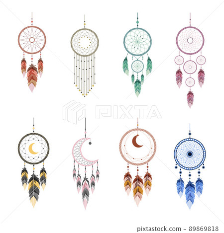 Dreamcatcher Indian Ethnic Feather Ornament. Vector Flat Line