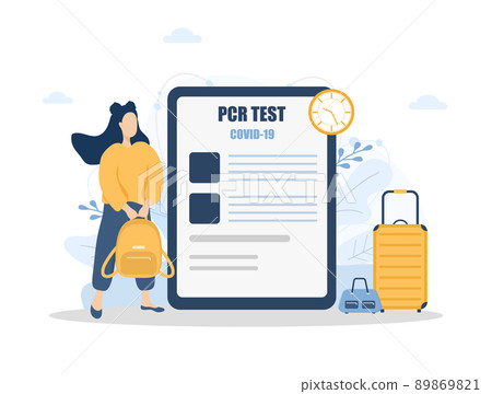 Woman with PCR test. New normal for travel. Healthy girl with bagpack ready to fly. Covid-19 test negative result certificate. Vector illustration in flat cartoon style 89869821