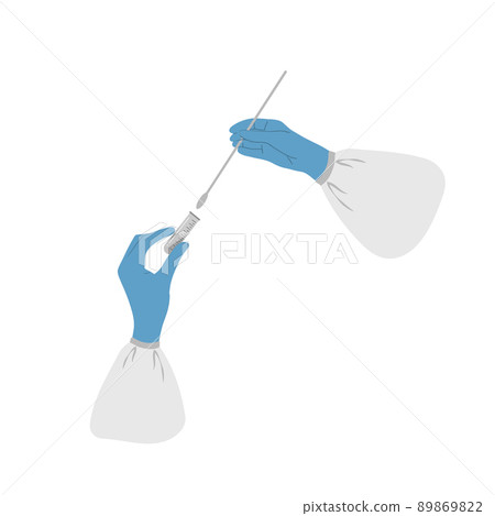 PCR test. Hands in medical gloves hold test tube with sample. Nasal swab laboratory analysis of biomaterial. Covid-19 Coronavirus testing for antibodies. Vector illustration in flat cartoon style PCR test. Hands in medical gloves hold test tube with sample. Nasal swab laboratory analysis of biomaterial. Covid-19 Coronavirus testing for antibodies. Vector illustration in flat cartoon style 89869822